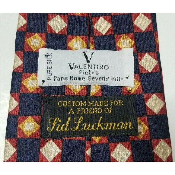 Valentino 100% Silk Mens Tie Necktie Blue Gold Red Geometric Squares Diamonds - Picture 5 of 6